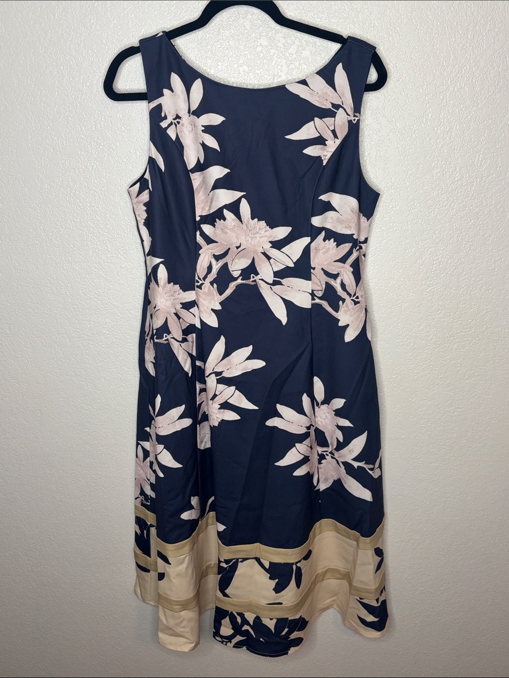 Kay Unger Navy & Cream Color Block Floral Tea Length Dress Size 10 Event Wear